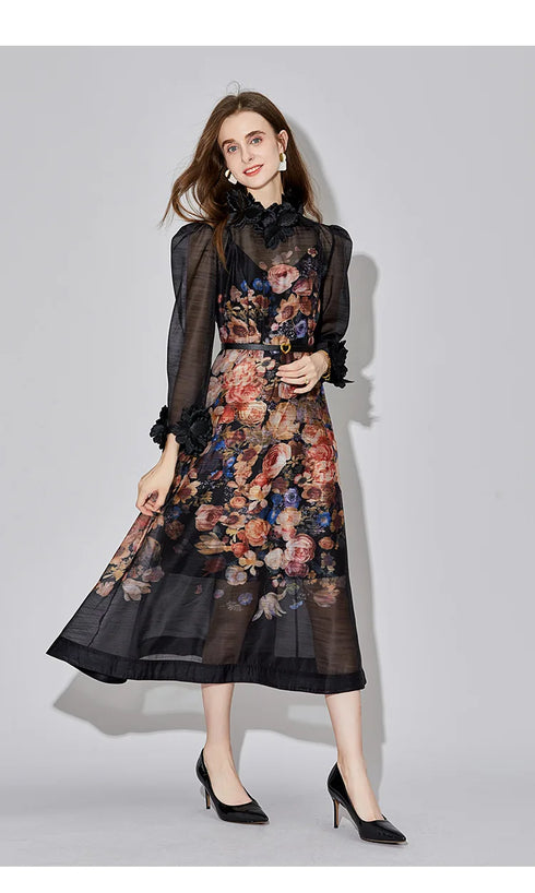 Breathtaking Beauty Runway Fashion Silk Floral Print, Exquisite Lace Neck, Long Sleeve, A-Line Cocktail, Party, Prom, Festival, Wedding Guest Renaissance Dress (Black)